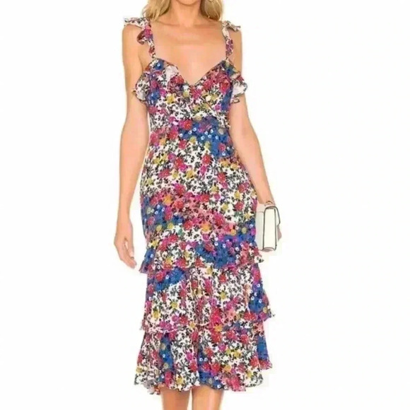 Majorelle Nolita Ruffle Floral Midi Dress in Patchwork Multi LIKE NEW - Picture 4 of 6